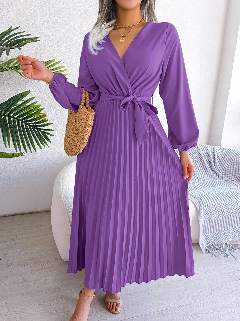 Elara Lace-Up Pleated Maxi Dress
