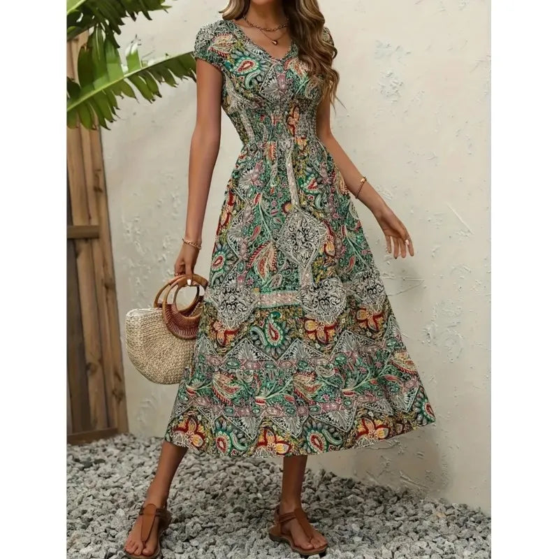 Summer Women's Short Sleeved Dress Long V-neck Cinched Waist New Style French Temperament Bohemian Vacation Style Printed Dress