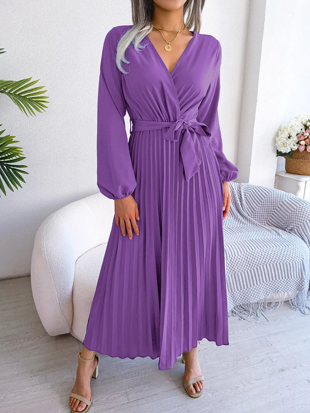 Elara Lace-Up Pleated Maxi Dress