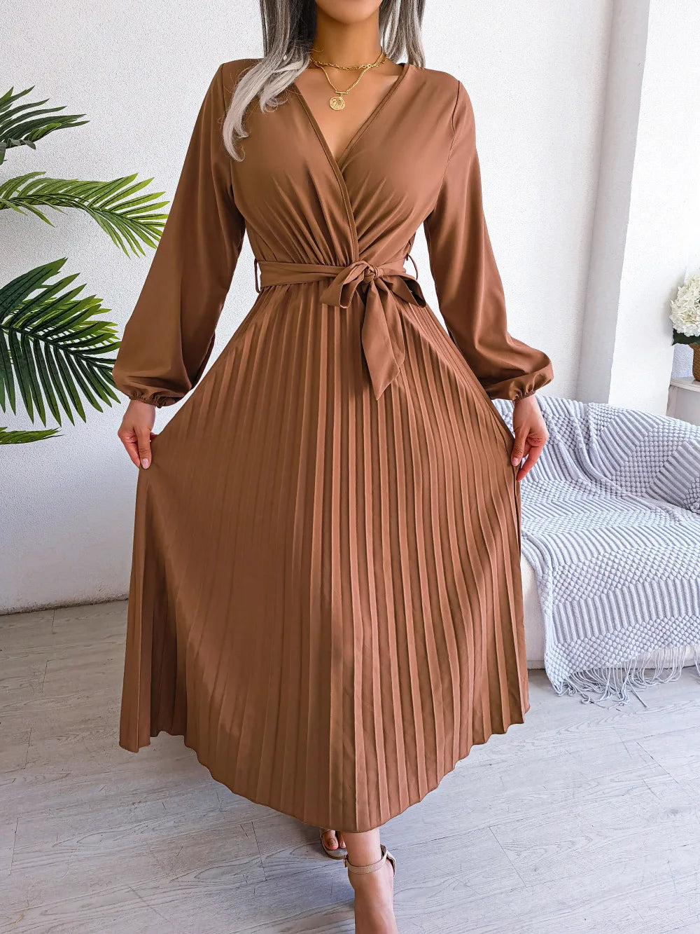 Elara Lace-Up Pleated Maxi Dress