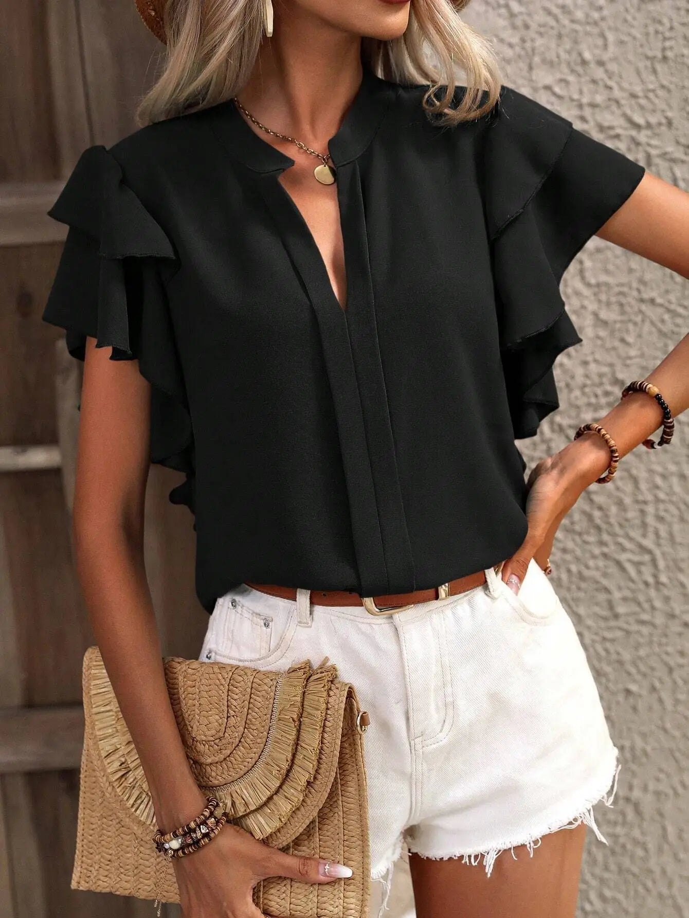 Iris Ruffle Sleeve V-Neck Blouse