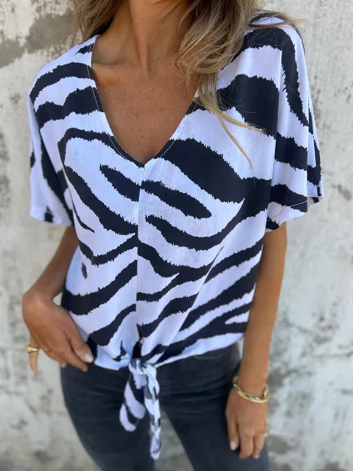 Sara Lace-Up Zebra Print Blouse