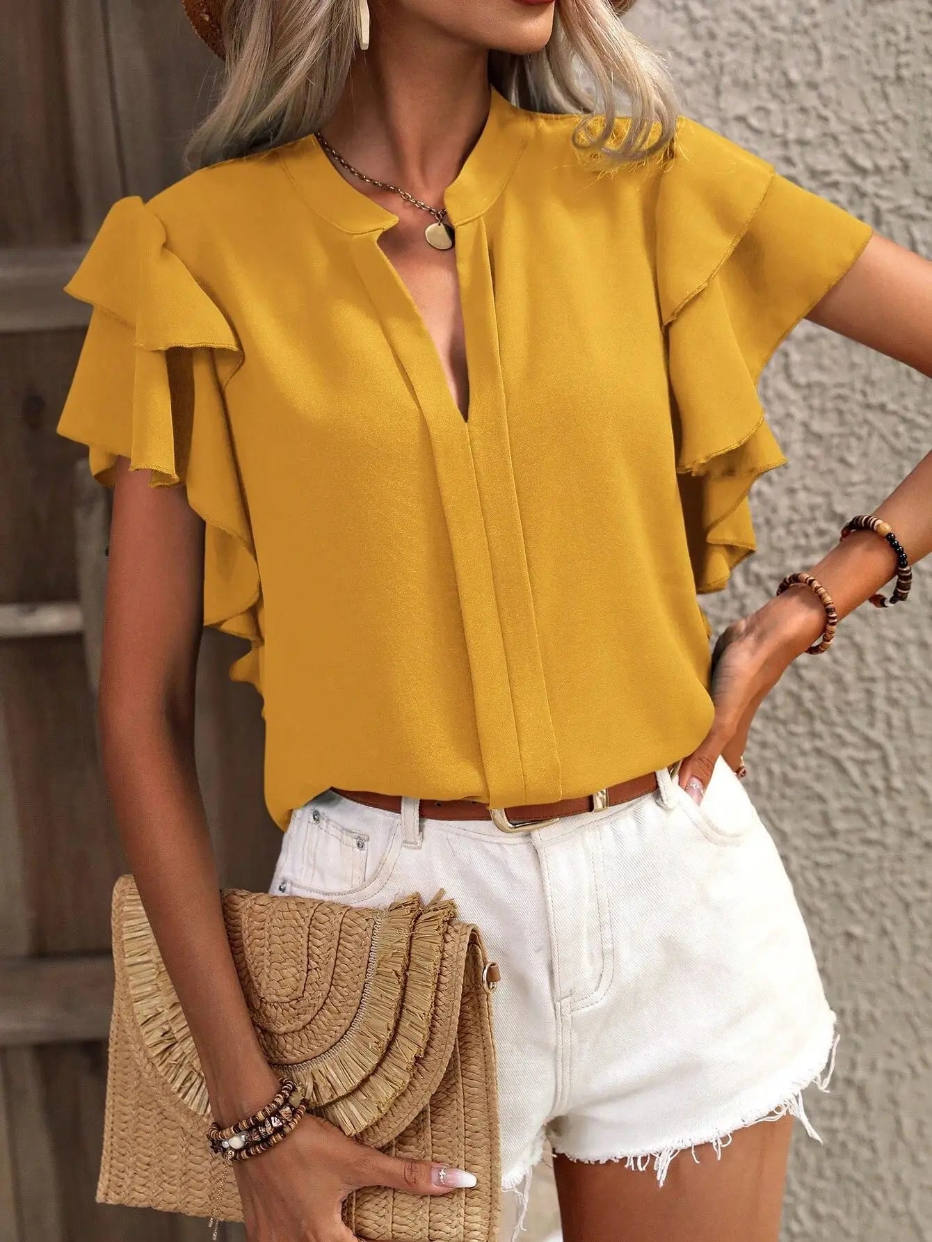 Iris Ruffle Sleeve V-Neck Blouse