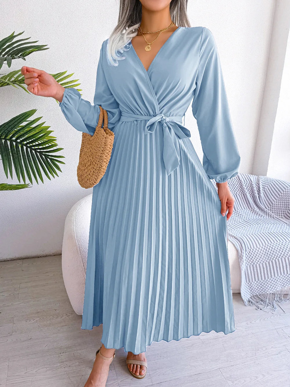 Elara Lace-Up Pleated Maxi Dress