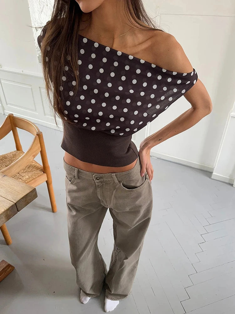 Lorenza Polka Dot One-Shoulder Crop Top