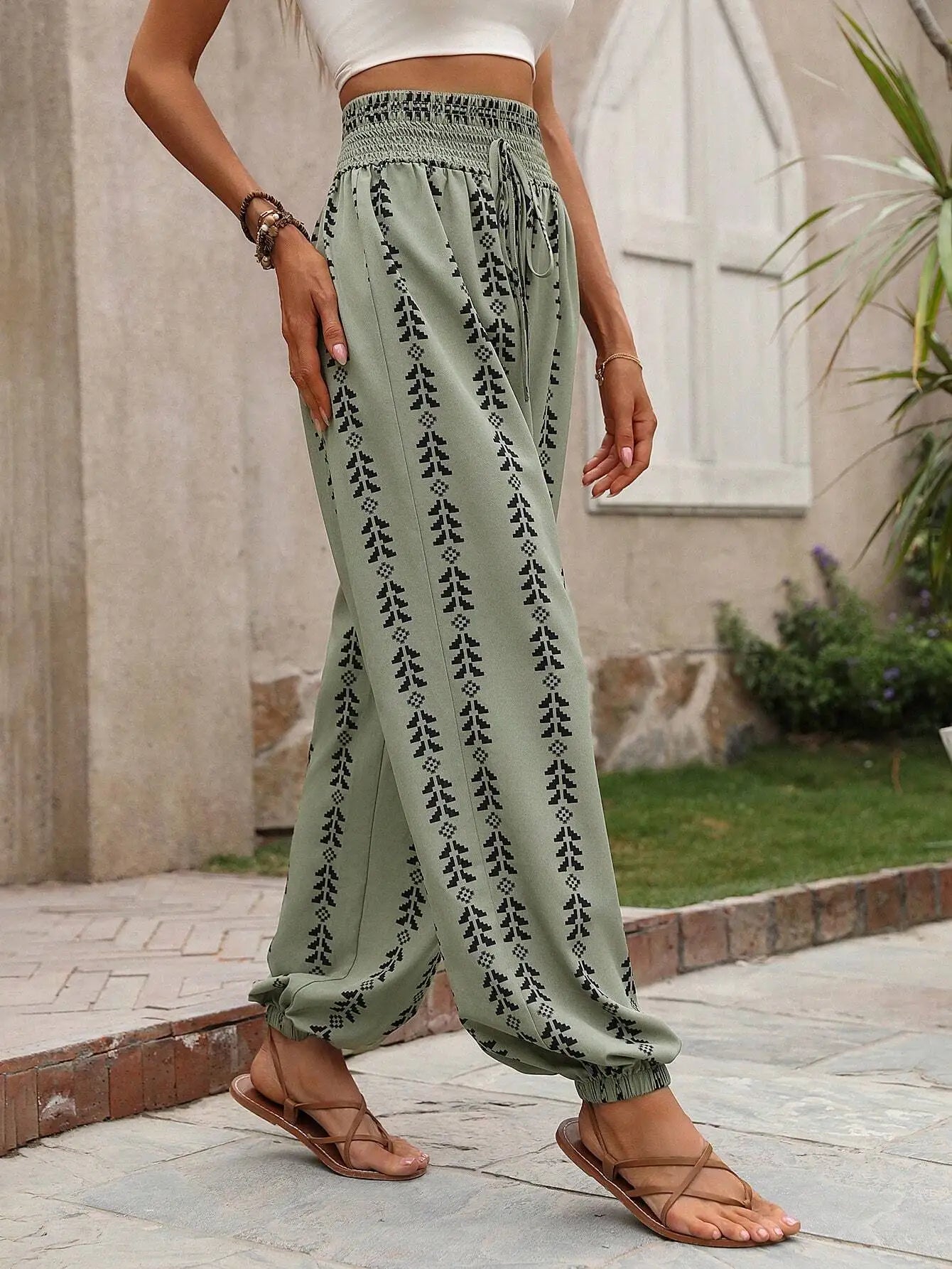 Noa Grid Wide-Leg Lantern Pants
