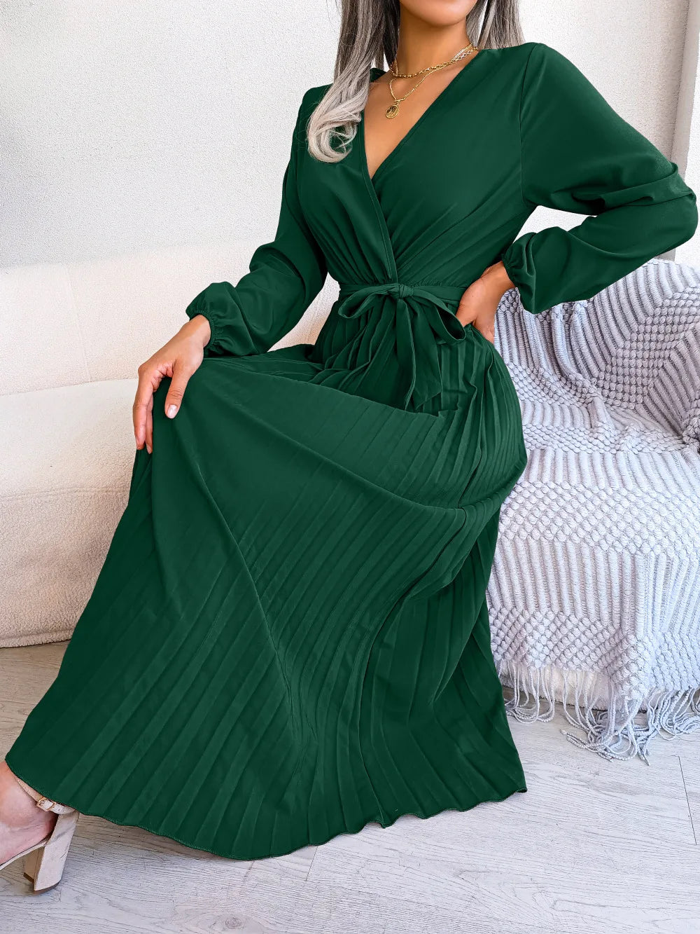 Elara Lace-Up Pleated Maxi Dress