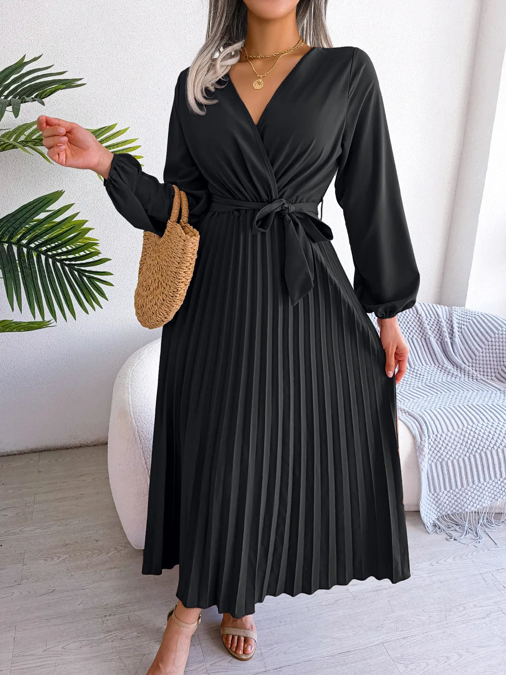Elara Lace-Up Pleated Maxi Dress