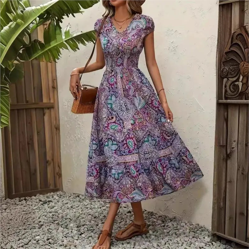 Summer Women's Short Sleeved Dress Long V-neck Cinched Waist New Style French Temperament Bohemian Vacation Style Printed Dress