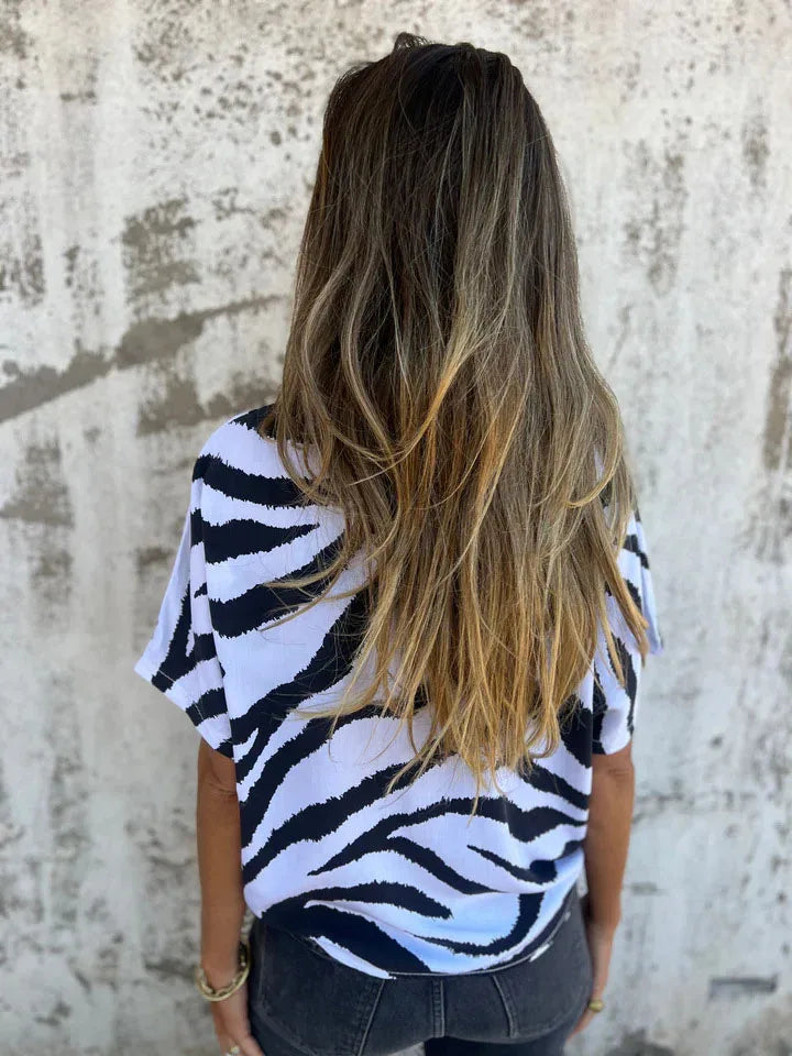 Sara Lace-Up Zebra Print Blouse