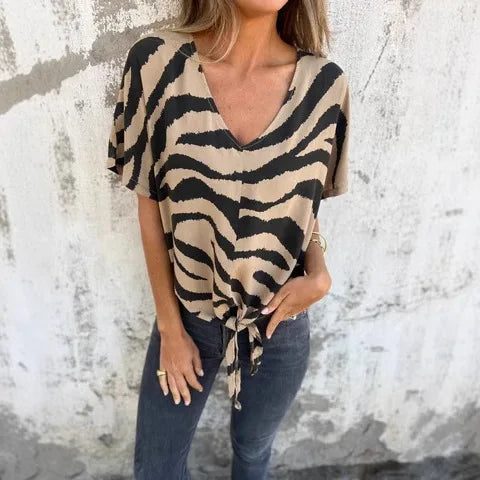 Sara Lace-Up Zebra Print Blouse