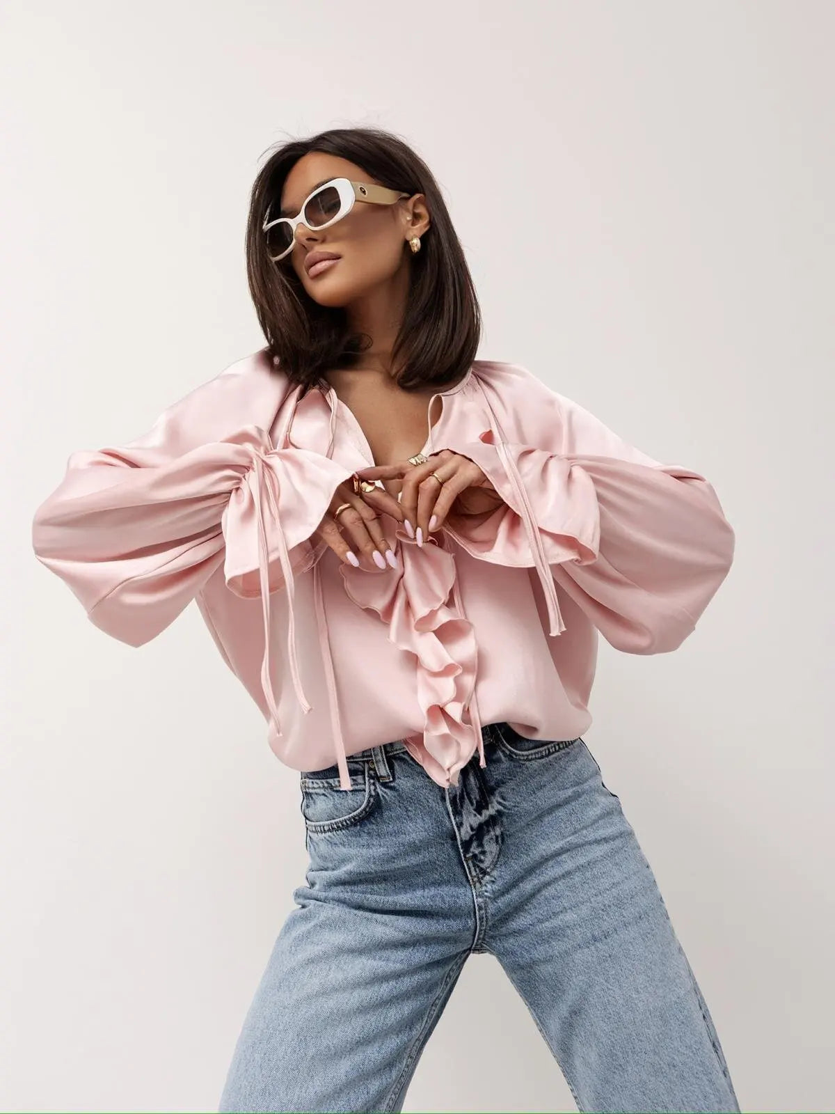 Vianna Ruffle Sleeve Tuxedo Shirt