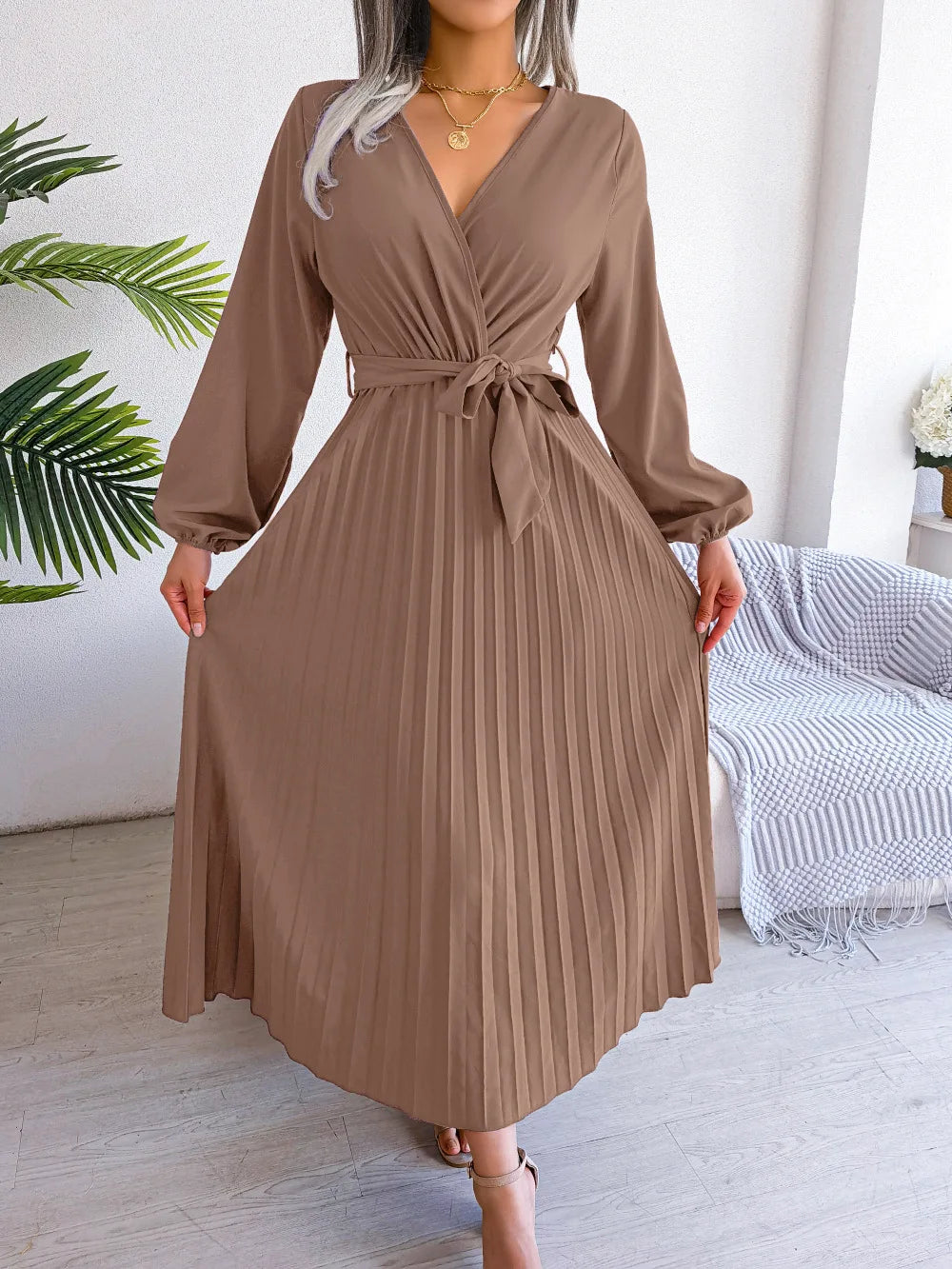 Elara Lace-Up Pleated Maxi Dress