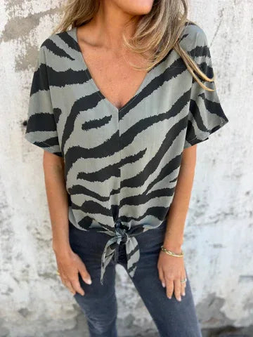 Sara Lace-Up Zebra Print Blouse