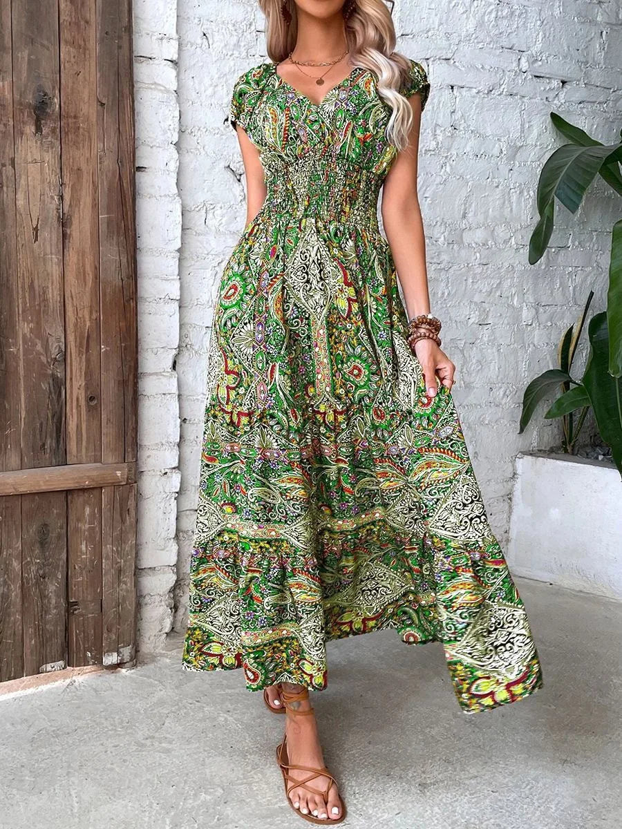 Summer Women's Short Sleeved Dress Long V-neck Cinched Waist New Style French Temperament Bohemian Vacation Style Printed Dress