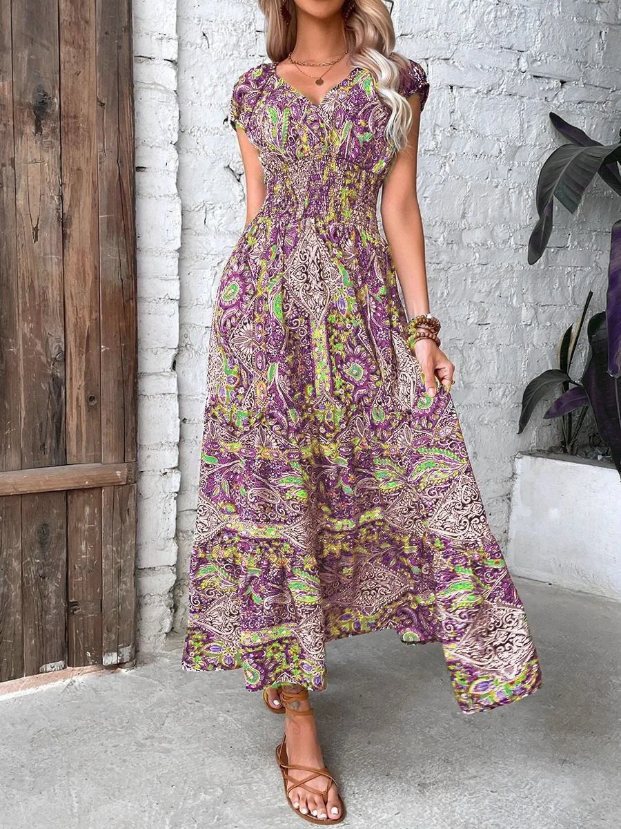 Summer Women's Short Sleeved Dress Long V-neck Cinched Waist New Style French Temperament Bohemian Vacation Style Printed Dress