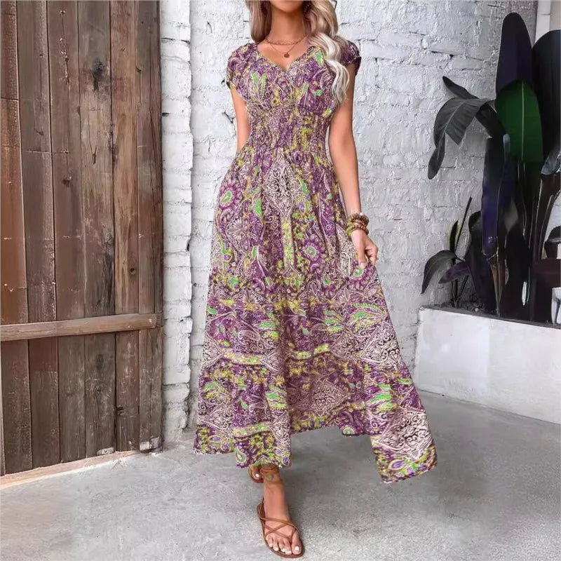 Summer Women's Short Sleeved Dress Long V-neck Cinched Waist New Style French Temperament Bohemian Vacation Style Printed Dress