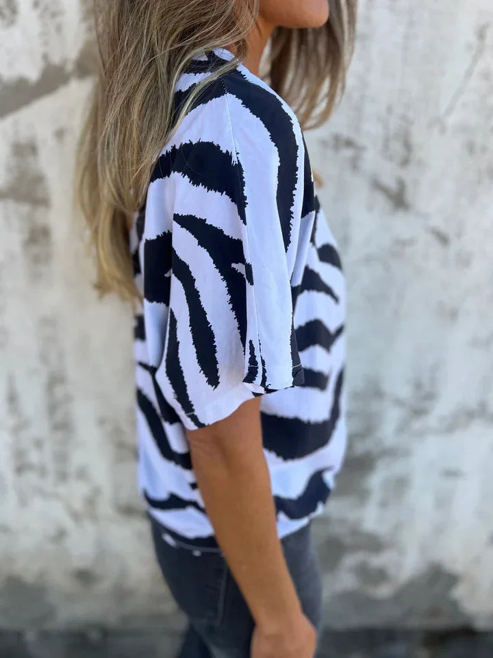 Sara Lace-Up Zebra Print Blouse