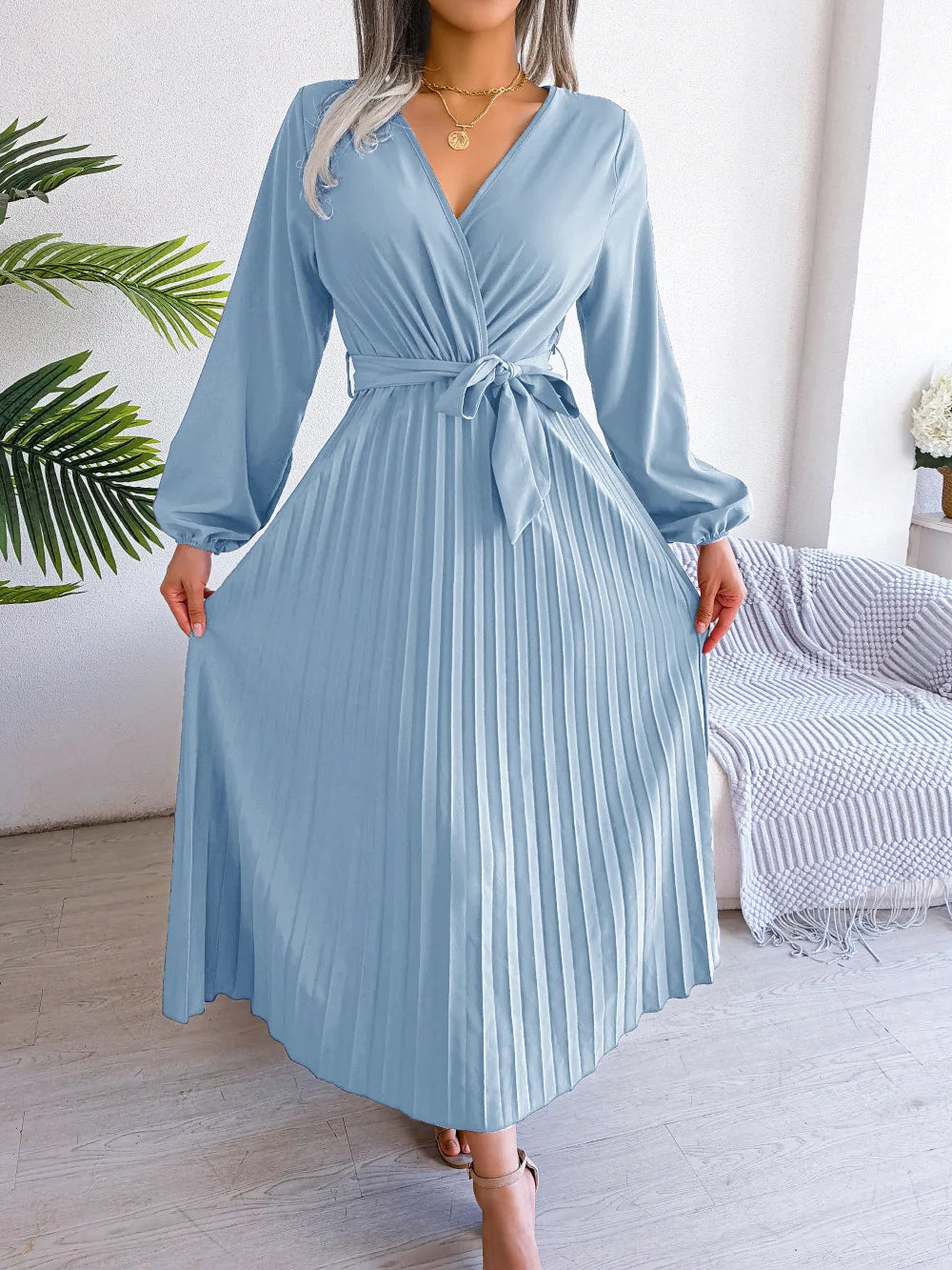 Elara Lace-Up Pleated Maxi Dress