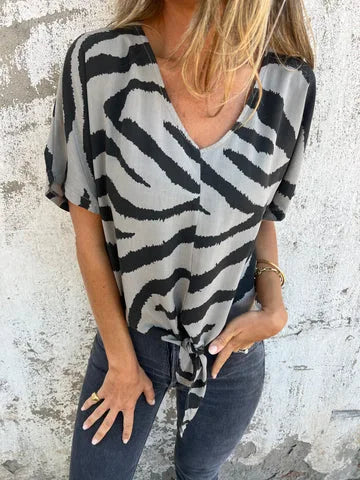 Sara Lace-Up Zebra Print Blouse