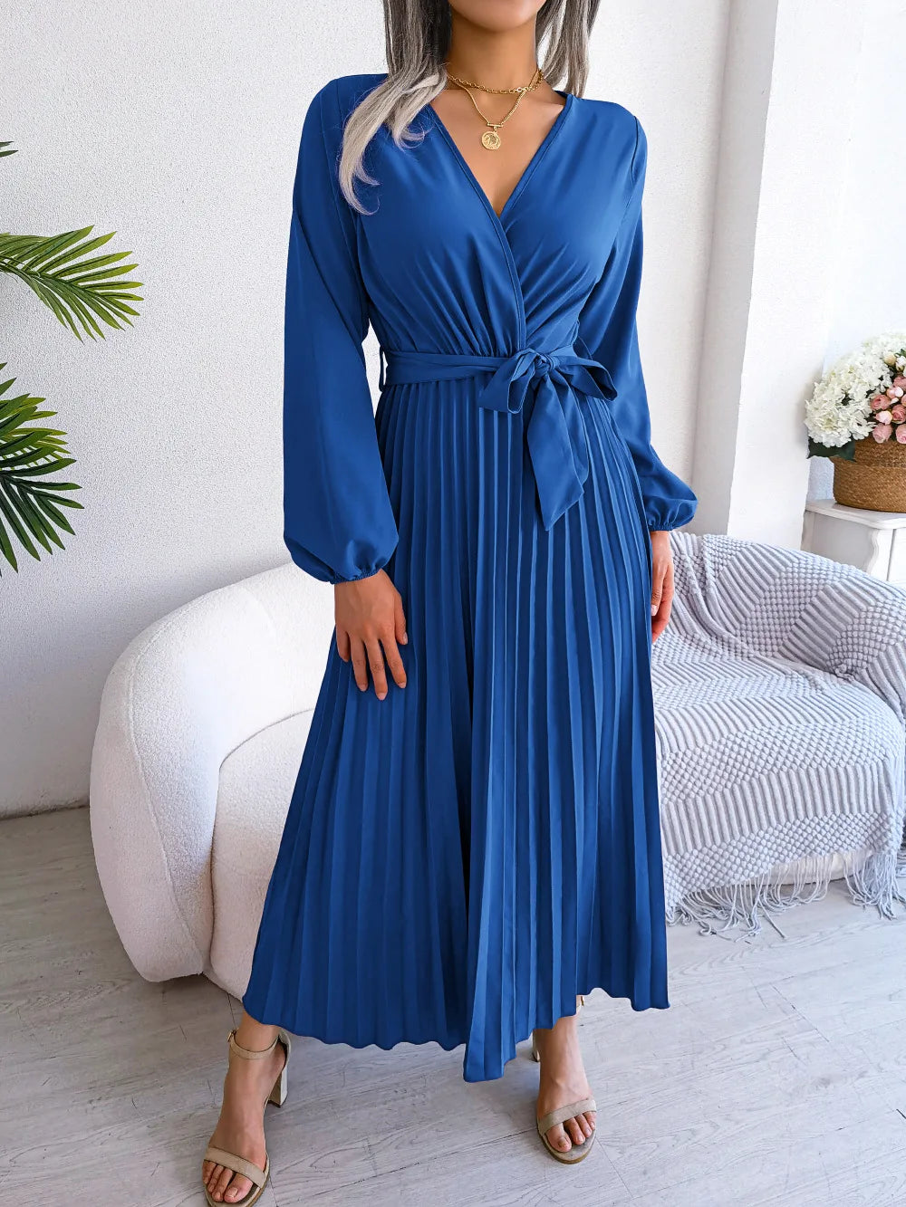 Elara Lace-Up Pleated Maxi Dress