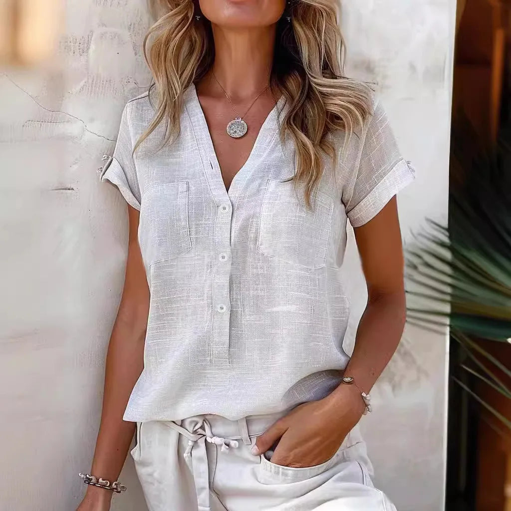 Sofia Cotton-Linen V-Neck Shirt