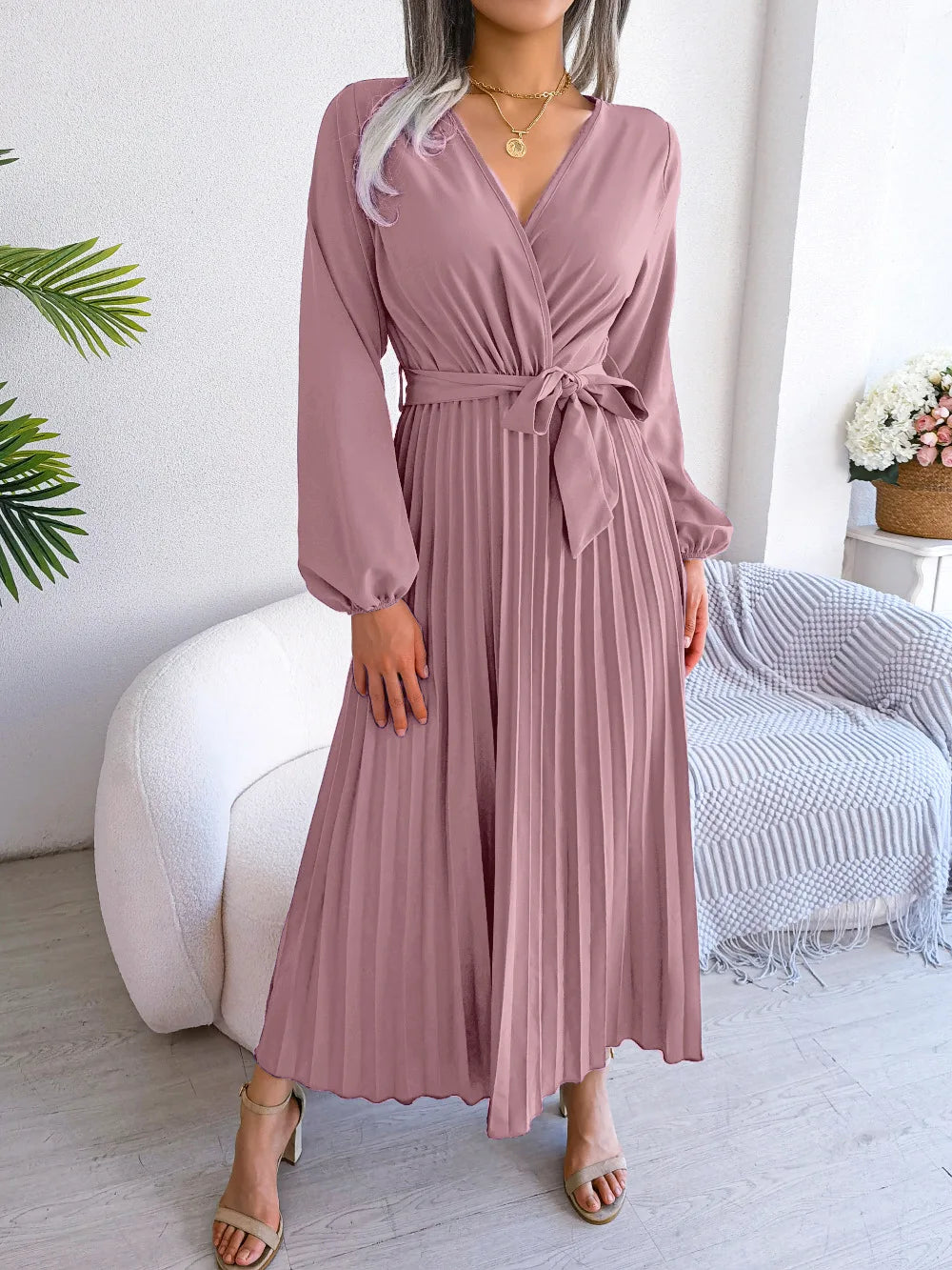 Elara Lace-Up Pleated Maxi Dress