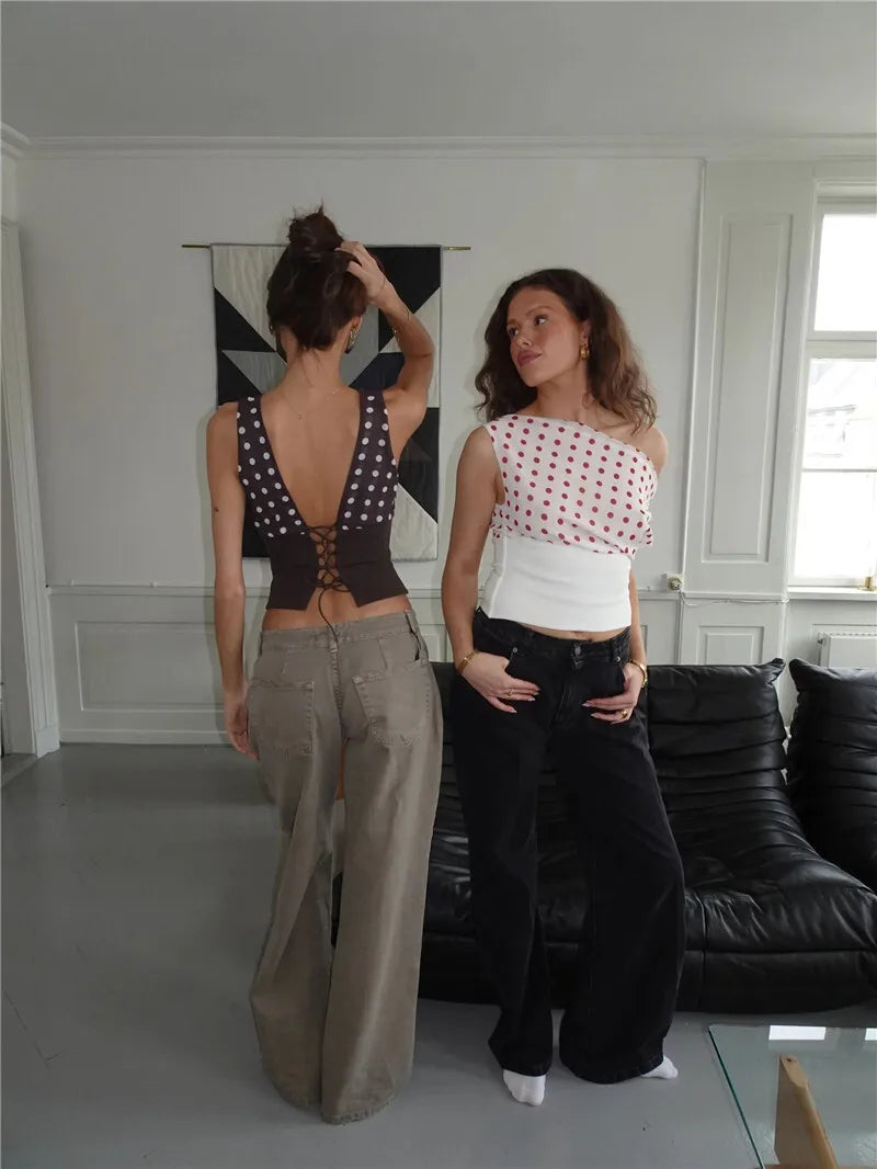 Lorenza Polka Dot One-Shoulder Crop Top