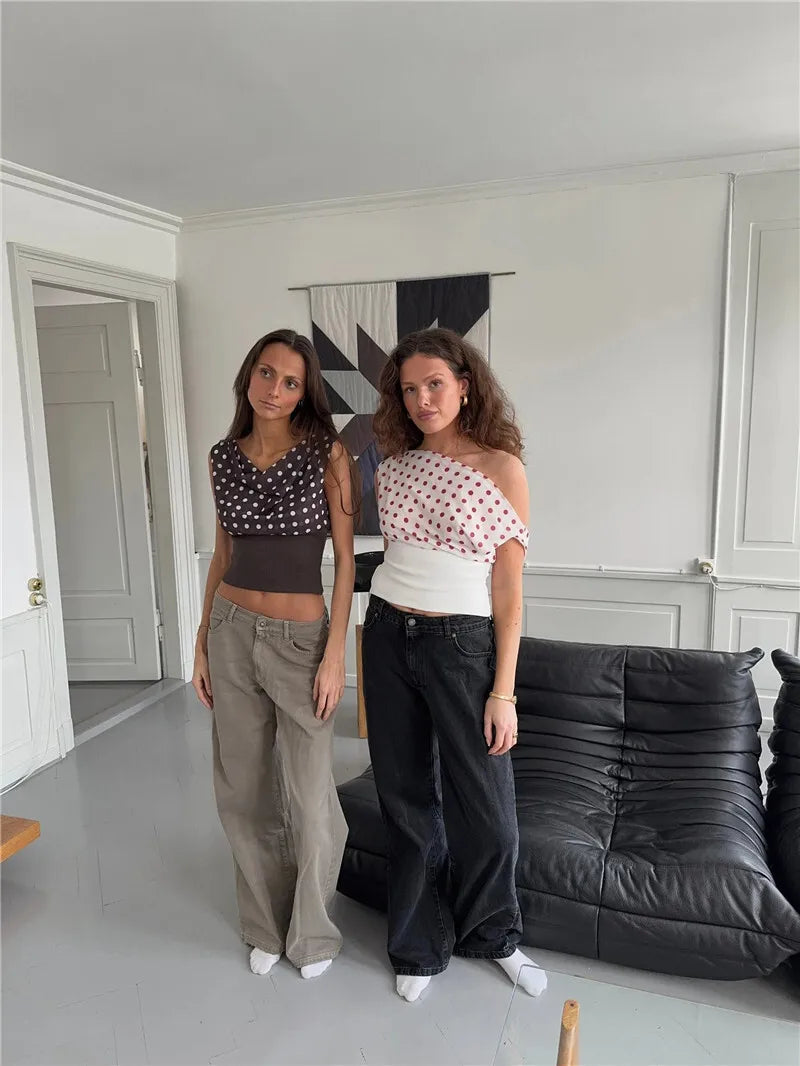 Lorenza Polka Dot One-Shoulder Crop Top