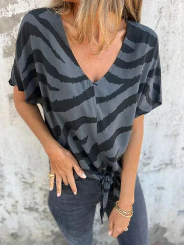 Sara Lace-Up Zebra Print Blouse