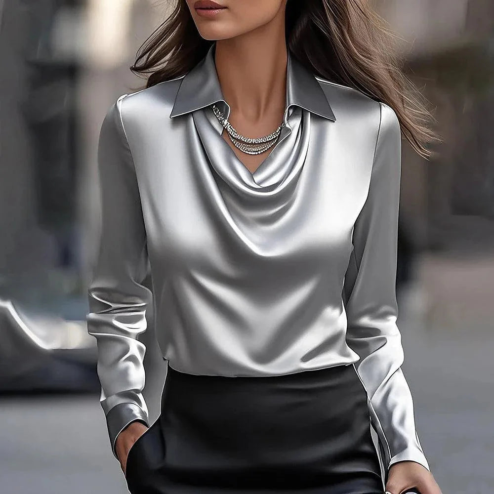 Celene Satin Long-Sleeve Blouse
