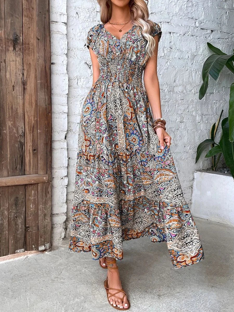Summer Women's Short Sleeved Dress Long V-neck Cinched Waist New Style French Temperament Bohemian Vacation Style Printed Dress