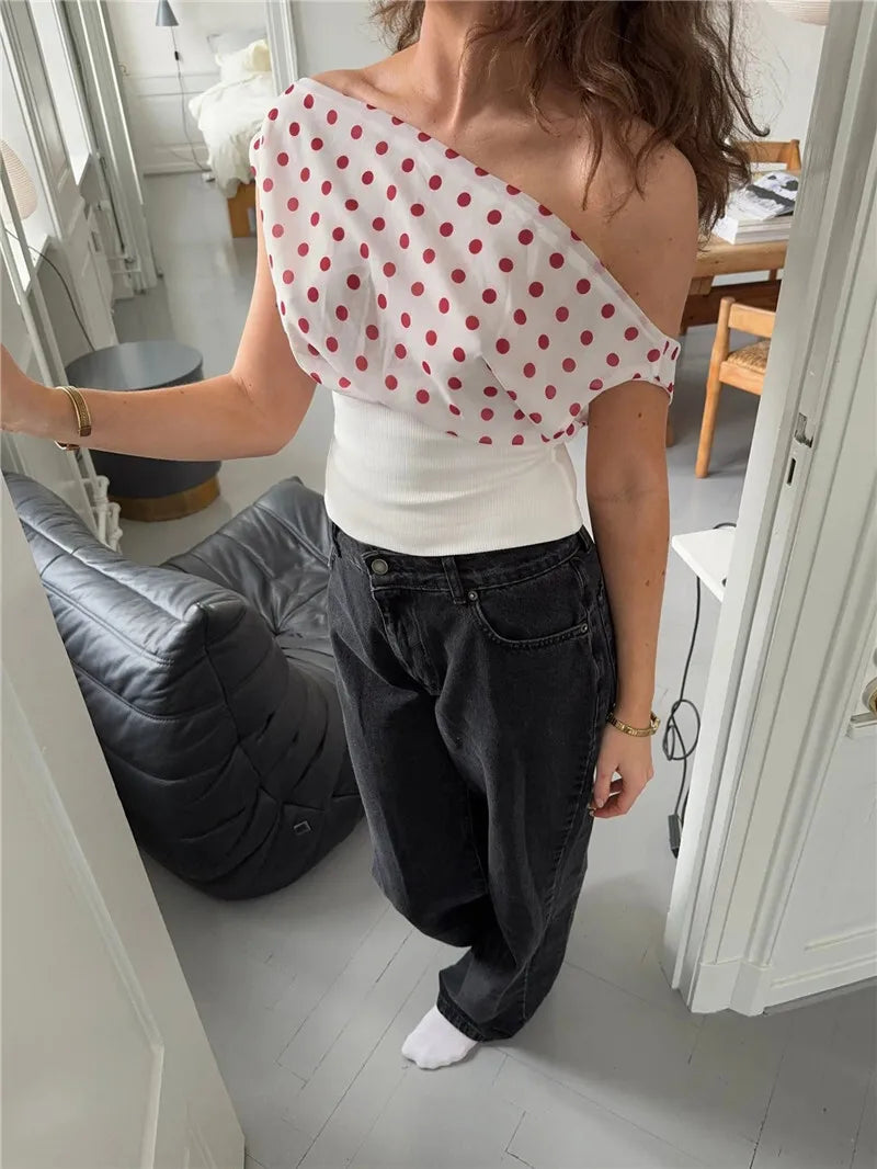 Lorenza Polka Dot One-Shoulder Crop Top