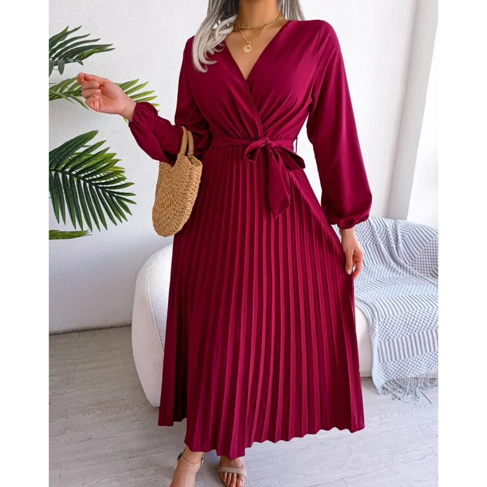 Elara Lace-Up Pleated Maxi Dress