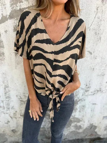 Sara Lace-Up Zebra Print Blouse