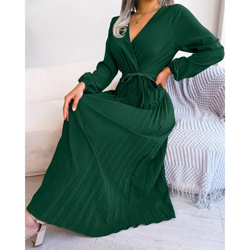 Elara Lace-Up Pleated Maxi Dress