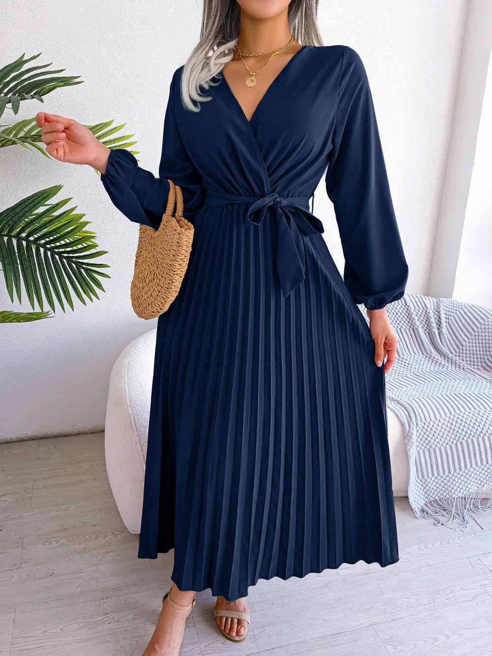 Elara Lace-Up Pleated Maxi Dress