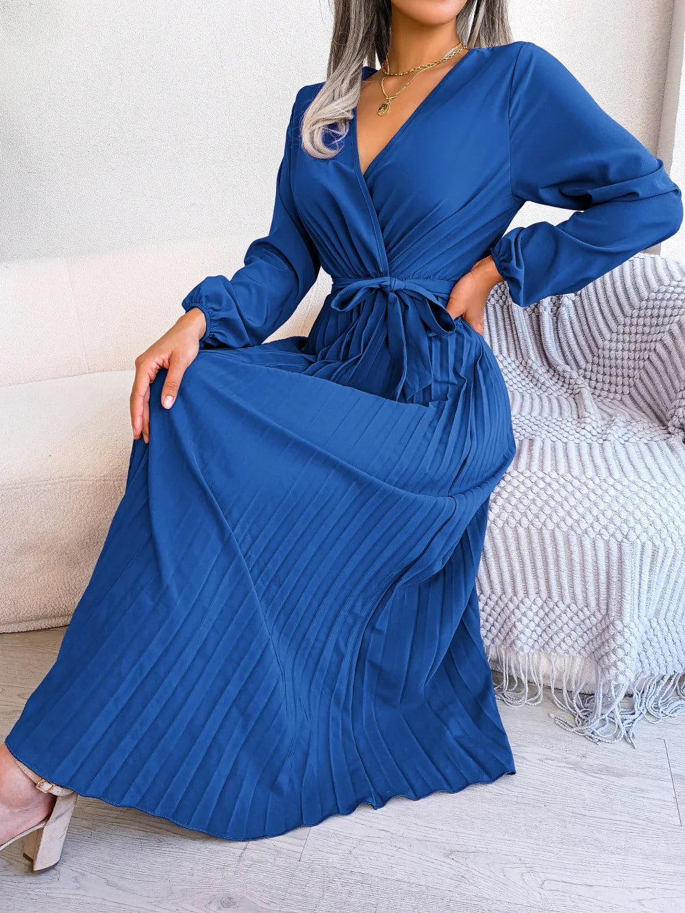 Elara Lace-Up Pleated Maxi Dress