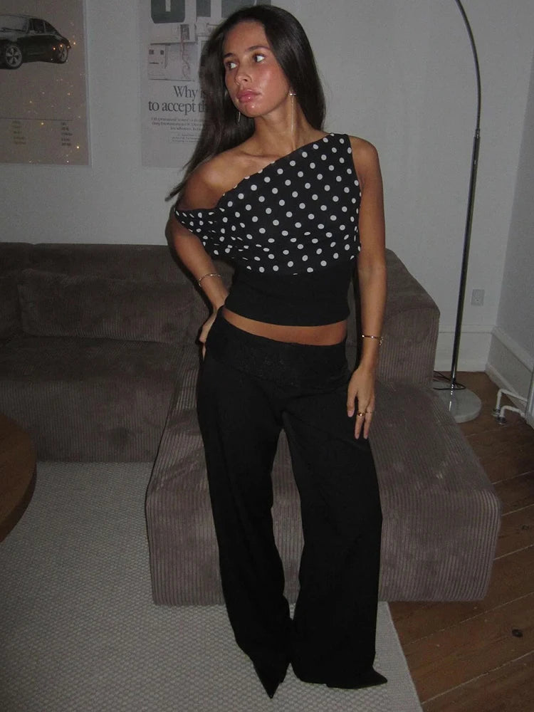 Lorenza Polka Dot One-Shoulder Crop Top