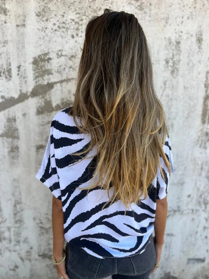 Sara Lace-Up Zebra Print Blouse