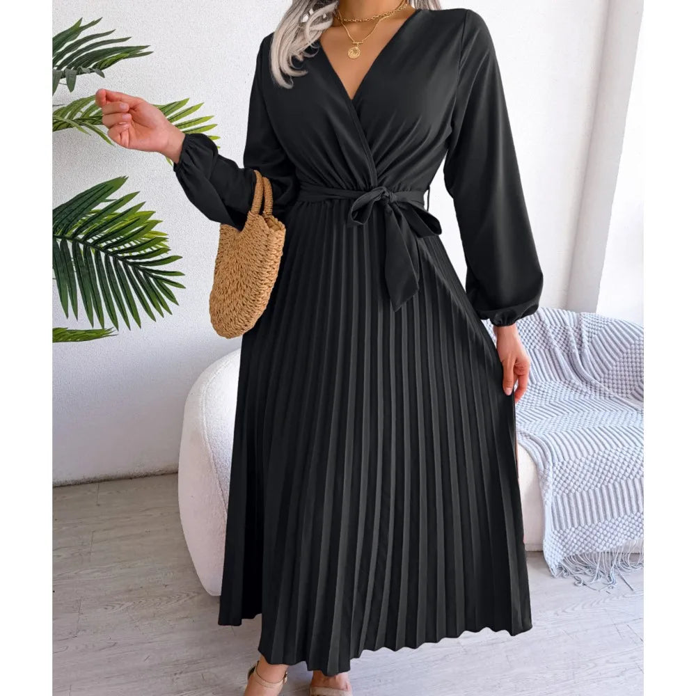 Elara Lace-Up Pleated Maxi Dress
