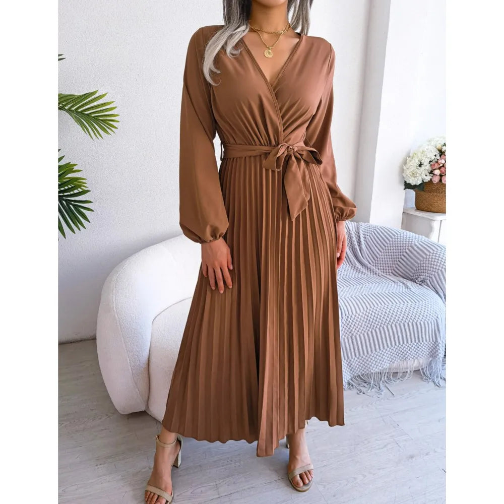 Elara Lace-Up Pleated Maxi Dress