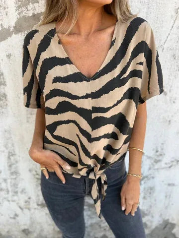Sara Lace-Up Zebra Print Blouse