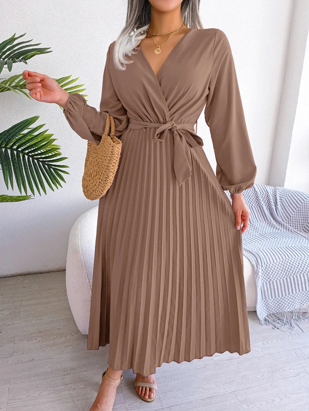 Elara Lace-Up Pleated Maxi Dress