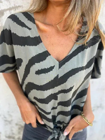 Sara Lace-Up Zebra Print Blouse