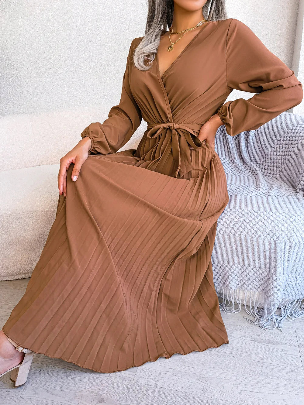 Elara Lace-Up Pleated Maxi Dress