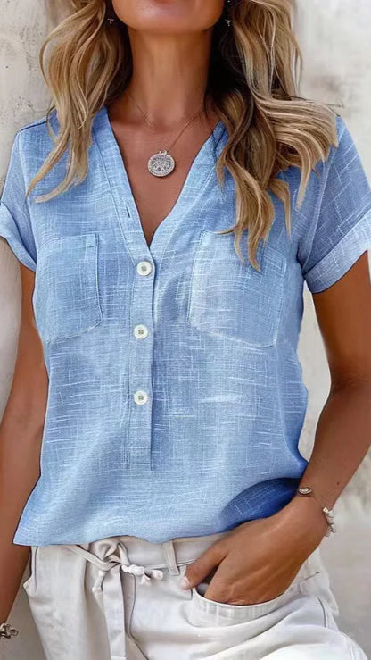Sofia Cotton-Linen V-Neck Shirt