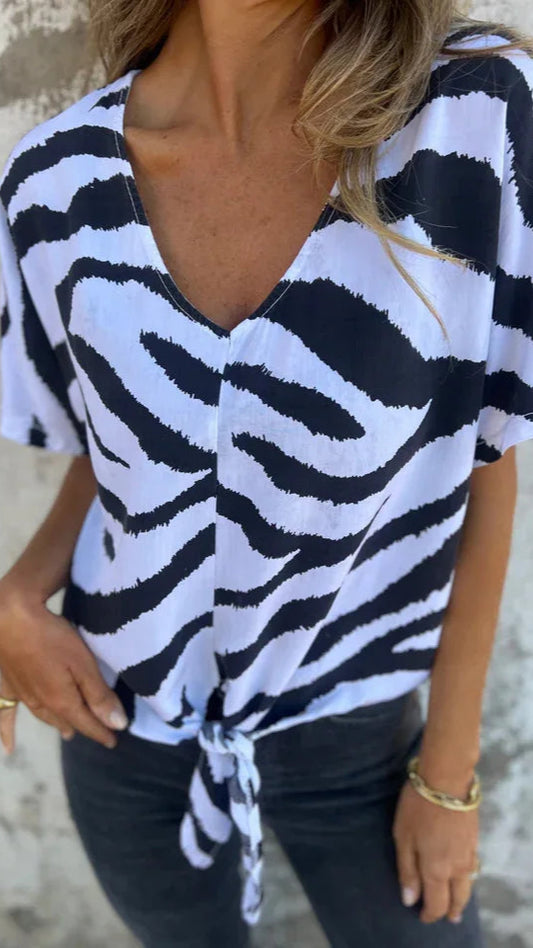 Sara Lace-Up Zebra Print Blouse