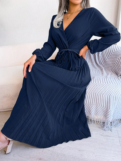 Elara Lace-Up Pleated Maxi Dress