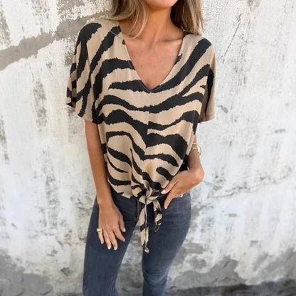 Sara Lace-Up Zebra Print Blouse